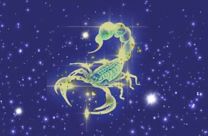 Zodiac sign Scorpio on night starry sky background illustration
