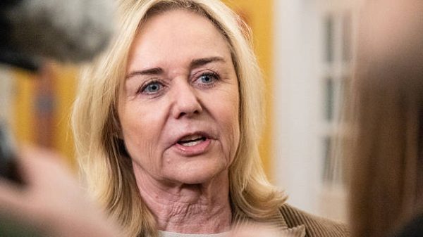 Ketua Partai Konservatif Mona Juul tiba untuk pertemuan Komite Kebijakan Luar Negeri di Kopenhagen, Denmark, pada 6 Januari 2026. (Foto oleh Kristian Tuxen Ladegaard Berg/NurPhoto via Getty Images)