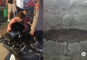 Seorang turis jatuh saat berkendara di selatan Catus Pata Ubud, Gianyar, Bali Sabtu (21/3)
