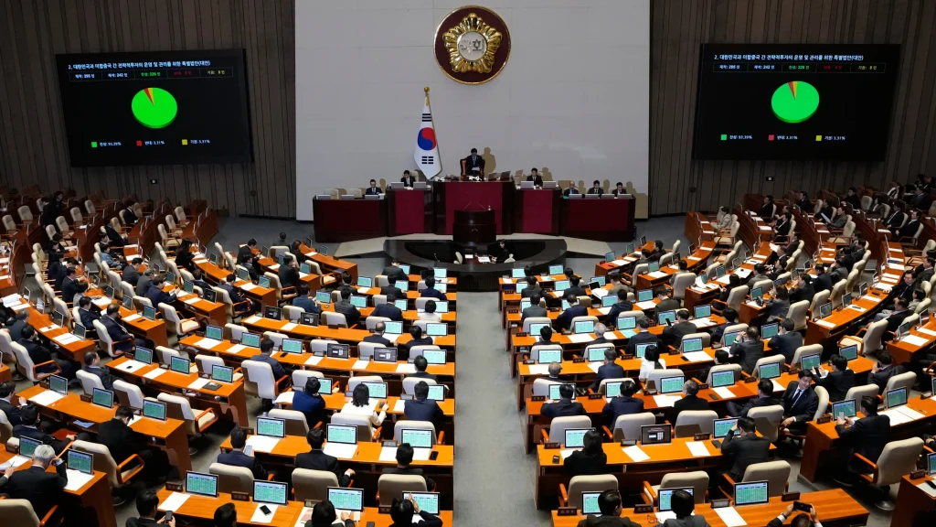Majelis Nasional mengesahkan undang undang untuk mengimplementasikan investasi AS senilai ratusan miliar dolar di Gedung Majelis Nasional di Seoul Korea Selatan Kamis 12 Maret 2026 AP PhotoAhn Young joon