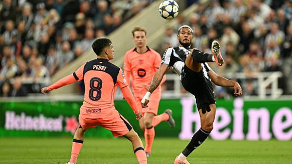Newcastles Brazilian forward 07 Joelinton R kicks the ball during the UEFA Champions League first round football match between Newcastle United FC and FC Barcelona at St James Park in Newcastle on September 18 2025 Photo by Oli SCARFF  AFP via Getty Images