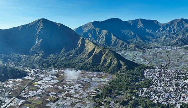 Pemandangan udara sawah mosaik ikonik Sembalun, Lombok Timur dan perbukitan hijau. Foto: iStock/Amed-in-bali
