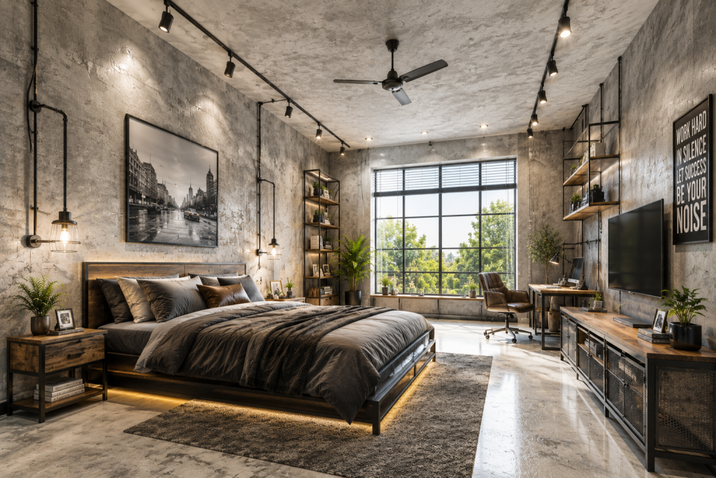Kamar tidur berkonsep interior industrial